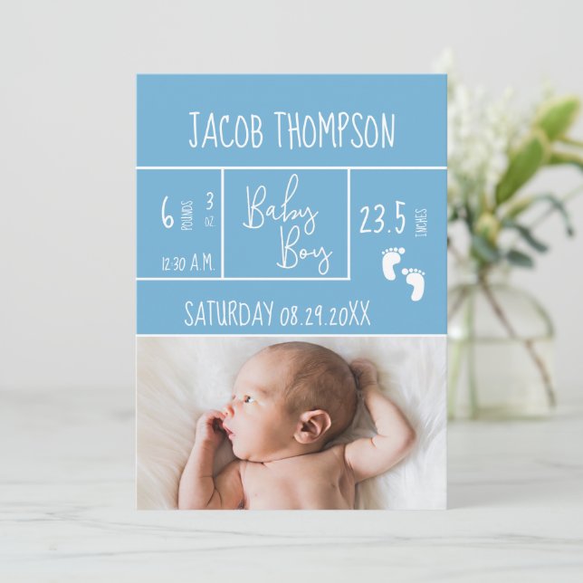 New Blue Baby Boy Birth Announcement Birth Stats (Standing Front)