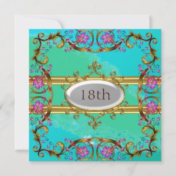 New Blue Teal Birthday Party Flower Frame Invitation by invitesnow at Zazzle