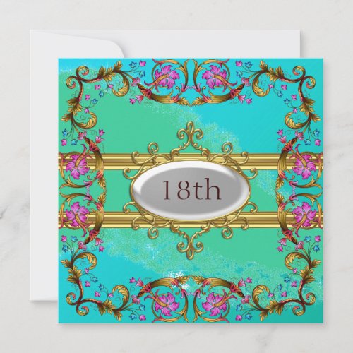 New Blue Teal Birthday Party Flower Frame Invitation