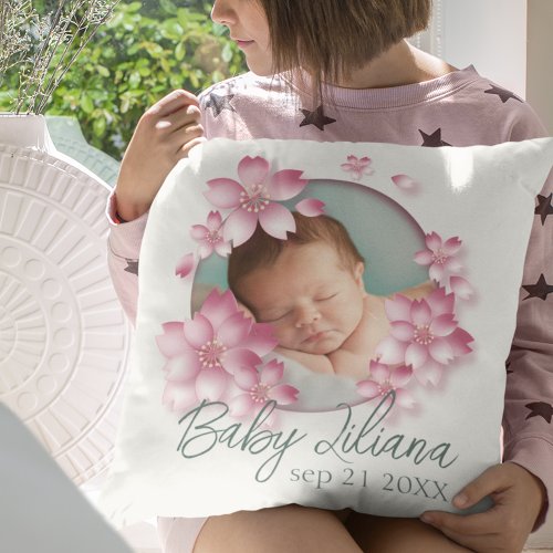 New Born Baby Girl Photo Keepsake Pink Flowers Throw Pillow