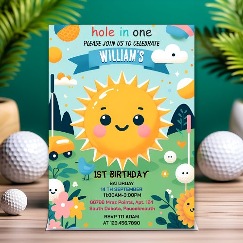 New boy cute golf hole in one first 1st birthday invitation