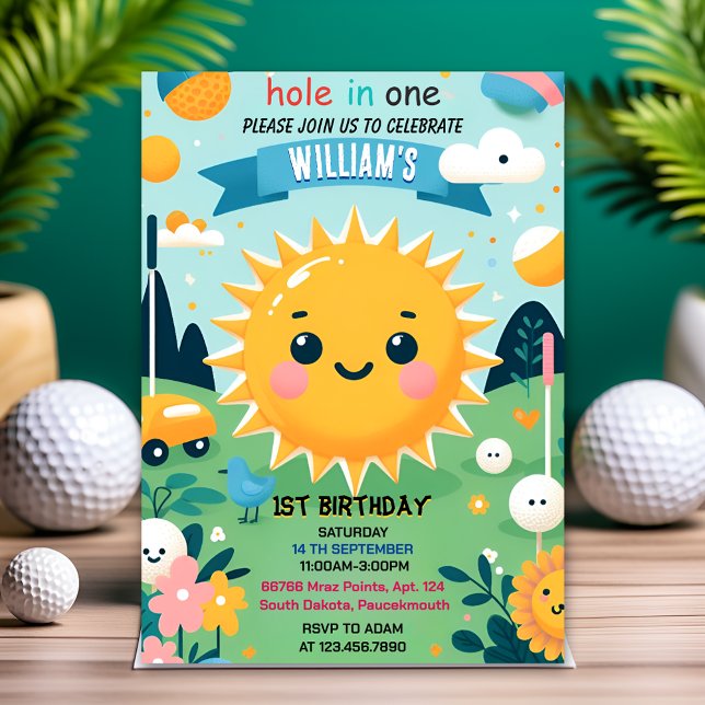 New boy cute golf hole in one first 1st birthday invitation (Creator Uploaded)