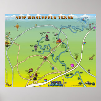 New Braunfels Texas Cartoon Map Poster
