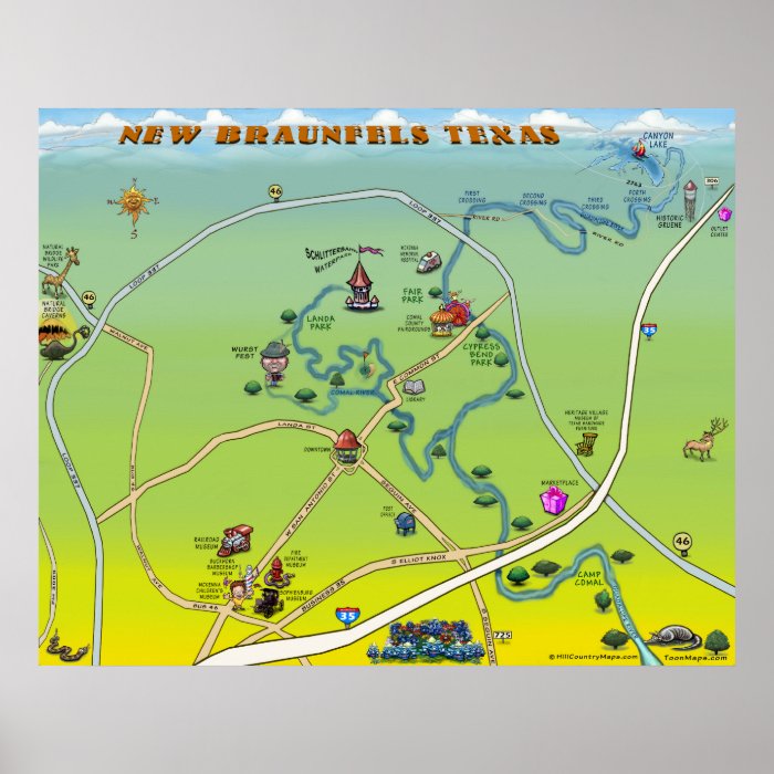 New Braunfels Texas Cartoon Map Posters