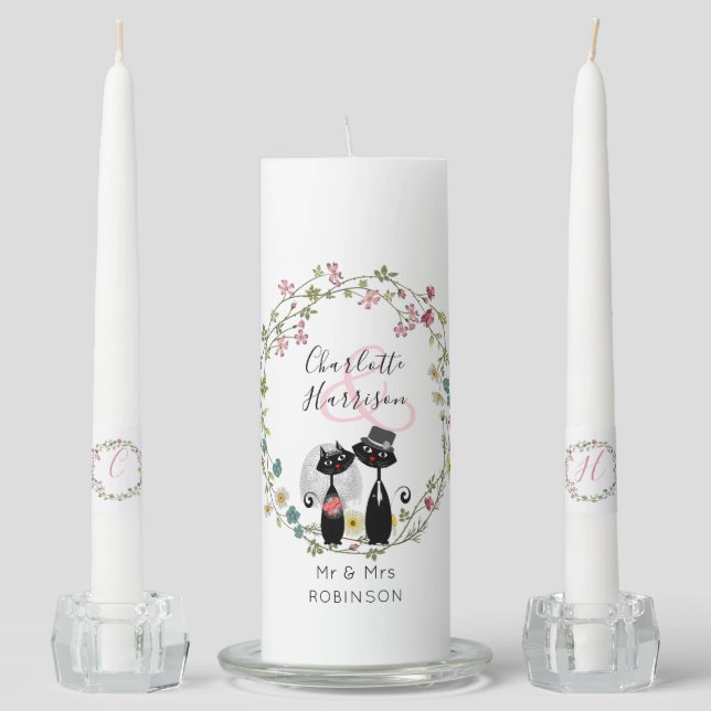 New Bride & Groom Cute Lucky Black Cats Wedding Unity Candle Set (Front)