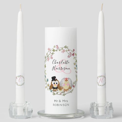 New Bride  Groom Cute Owls Wedding Unity Candle Set