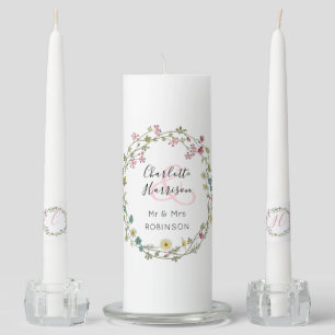 New Bride & Groom Floral Wreath Wedding Unity Candle Set