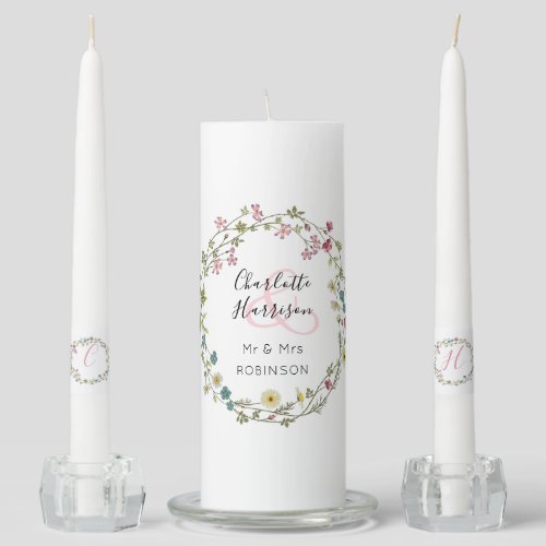 New Bride  Groom Floral Wreath Wedding Unity Candle Set