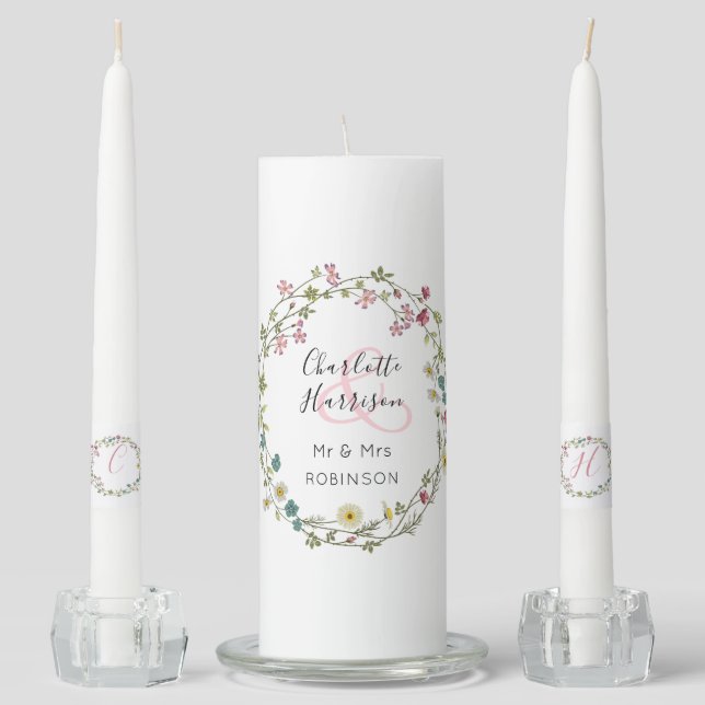 New Bride & Groom Floral Wreath Wedding Unity Candle Set (Front)