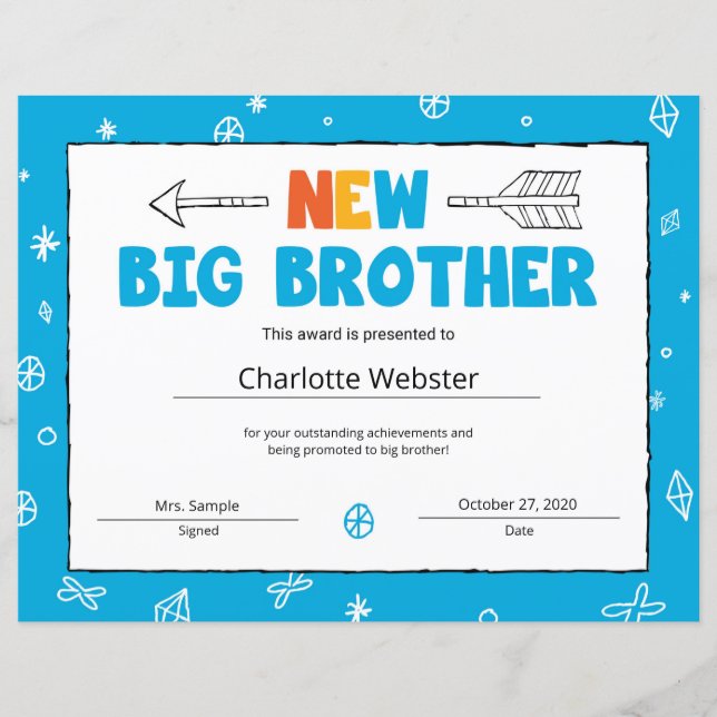 New Brother Certificate Sibling Certificate Award (Front)