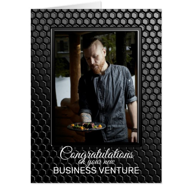 New Business Black Geometric Pattern Custom Photo Card (Front)