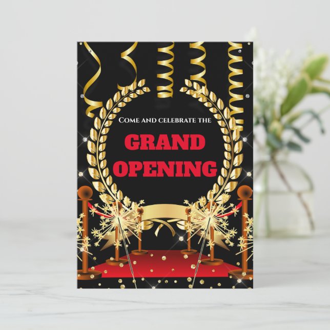 New business grand opening laurel wreath gold red  invitation (Standing Front)