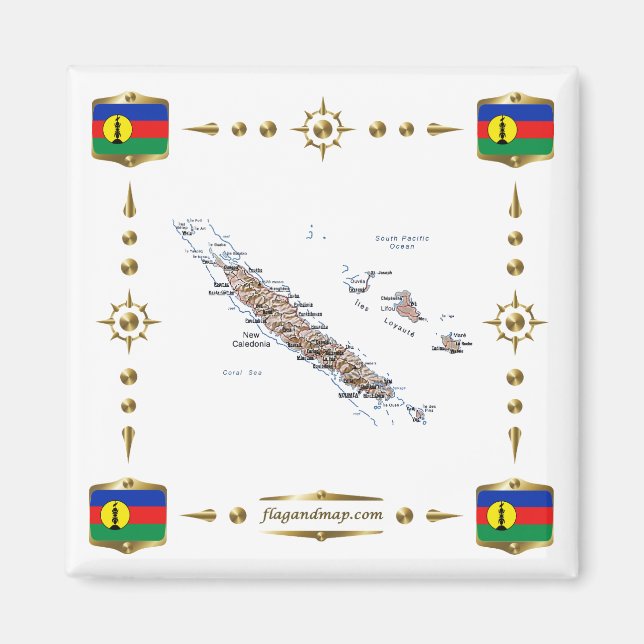 New Caledonia Map + Flags Magnet (Front)