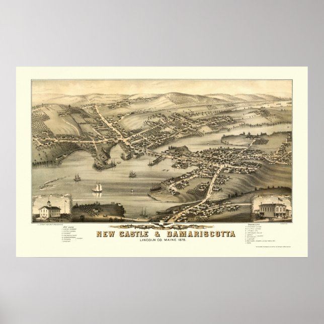 New Castle & Damariscotta, ME Panoramic Map - 1878 Poster (Front)