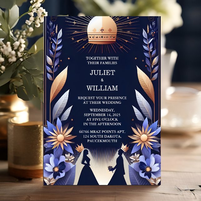 New Castle Luxury Fuchsia Crown Royal Blue Wedding Invitation (Creator Uploaded)