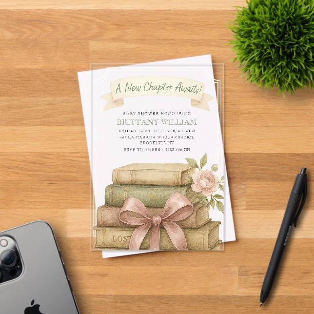 New Chapter Awaits Pink Bow Baby Shower Acrylic Invitations (Insitu (Invitation Card))