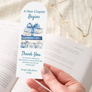 new chapter begin, blue bow books baby shower bookmarks