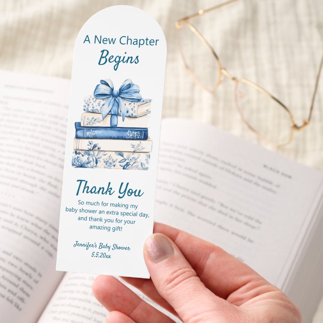 new chapter begin, blue bow books baby shower bookmarks (Hand)