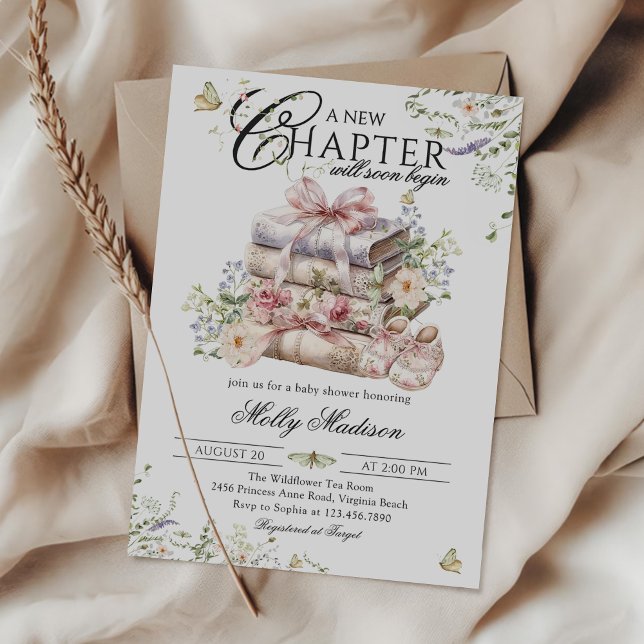 New Chapter Begin Floral Bow Book Baby Shower Invitation (Creator Uploaded)