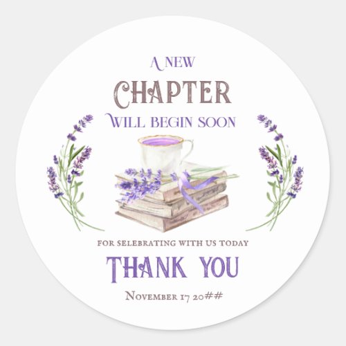 New Chapter Begin Soon Lavender Books Baby Shower Classic Round Sticker