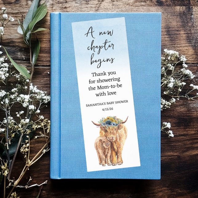New Chapter Begins Baby Shower  Blue Highland Cow Bookmarks (Creator Uploaded)