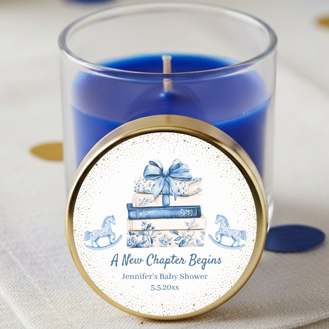 new chapter begins,blue bow books baby shower chic classic round sticker (Creator Uploaded)