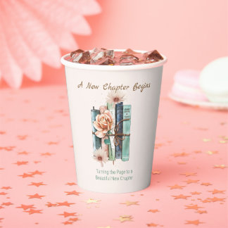 New Chapter Begins Book Stack Floral Paper Cups