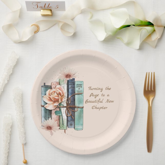 New Chapter Begins Book Stack Floral Paper Plates (Wedding)