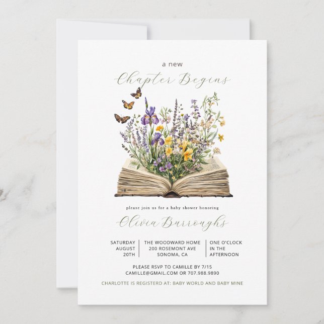 New Chapter Begins Book Wildflowers Baby Shower Invitation (Front)