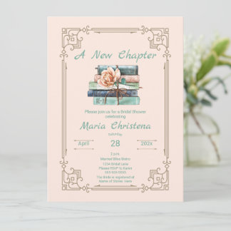 New Chapter Begins Bridal Shower Book Stack Floral Invitation
