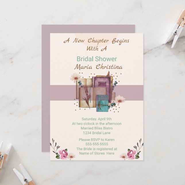 New Chapter Begins Bridal Shower Invitation (Front/Back In Situ)