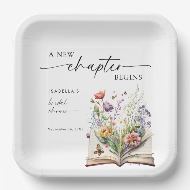 New Chapter Begins Floral Book Bridal Shower Paper Plates (Front)