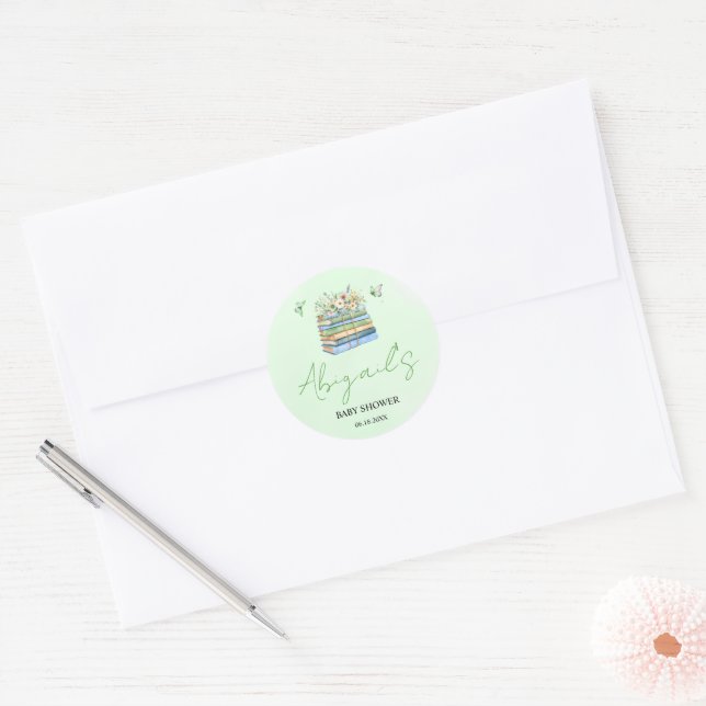 New Chapter Begins gender neutral baby shower Classic Round Sticker (Envelope)