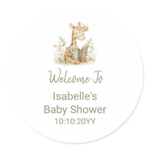New Chapter Begins Giraffe Storybook Baby Shower  Classic Round Sticker