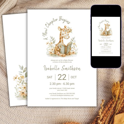 New Chapter Begins Giraffe Storybook Baby Shower  Invitation