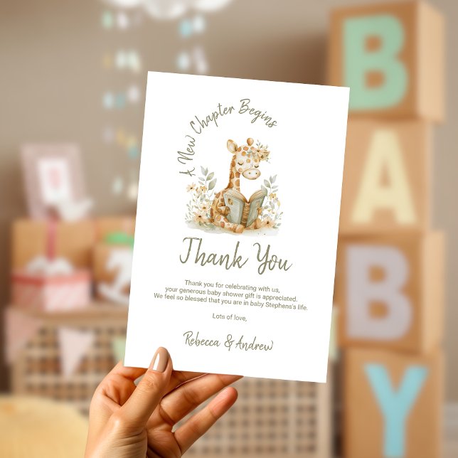 New Chapter Begins Giraffe Storybook Baby Shower  Thank You Card (Creator Uploaded)