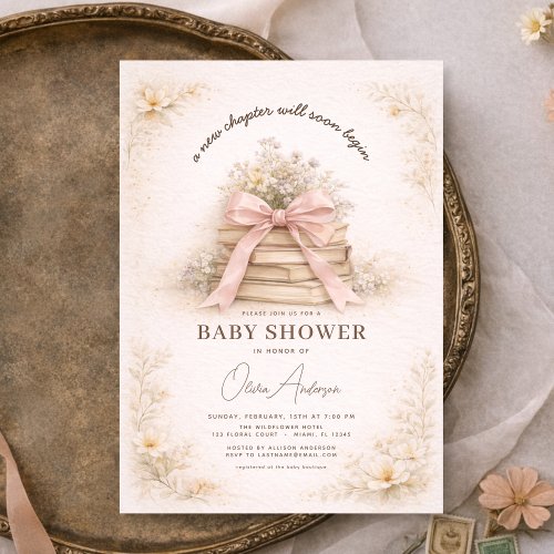 A New Chapter Pink Bow baby shower invitation