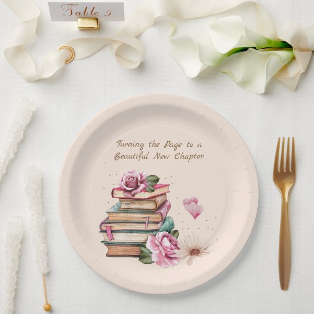 New Chapter Begins Romantic Book Theme Floral Paper Plates (Wedding)