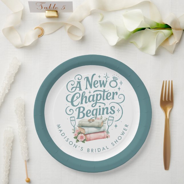 New Chapter Begins Teal Glitter Bridal Shower Paper Plates (Wedding)