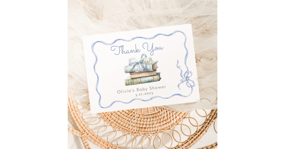 New Chapter Blue Bow Baby Shower Thank You Card | Zazzle