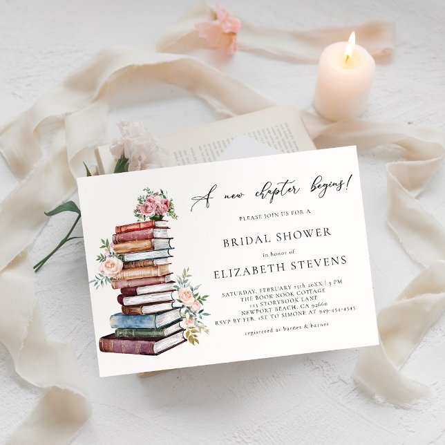 New Chapter Book Lover Bookworm Chic Bridal Shower Invitation (a new chapter bridal shower invitation book lover bookworm library literary floral roses watercolor)