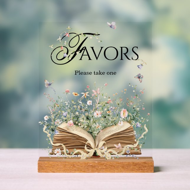 New Chapter Book Theme Wildflower Favors Acrylic Sign (Neutral)