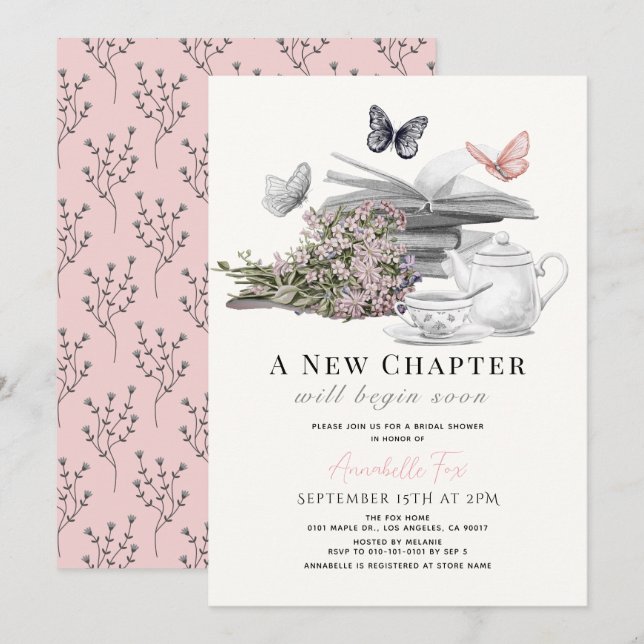 New Chapter Buttefly Tea Party Book Bridal Shower Invitation (Front/Back)