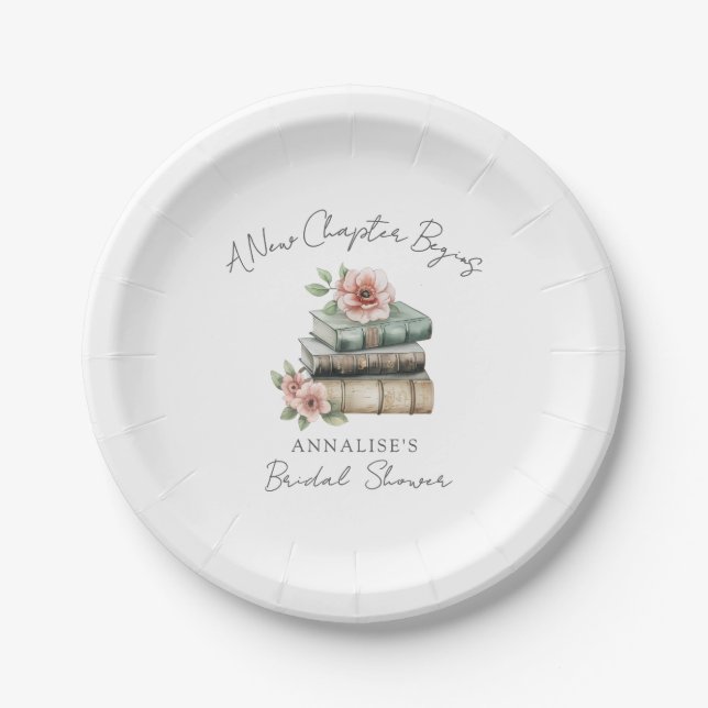 New Chapter Floral Book Bridal Shower Paper Plates (Front)