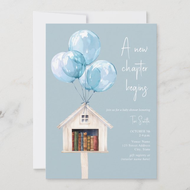 New Chapter Library Balloons Book Baby Shower Blue Invitation (Front)