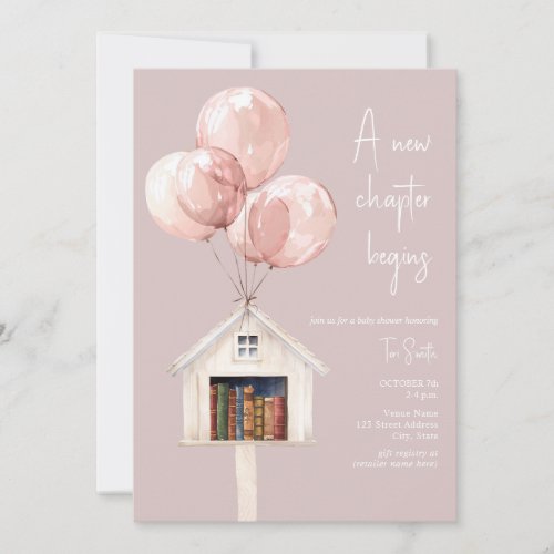 New Chapter Library Balloons Book Baby Shower Pink Invitation