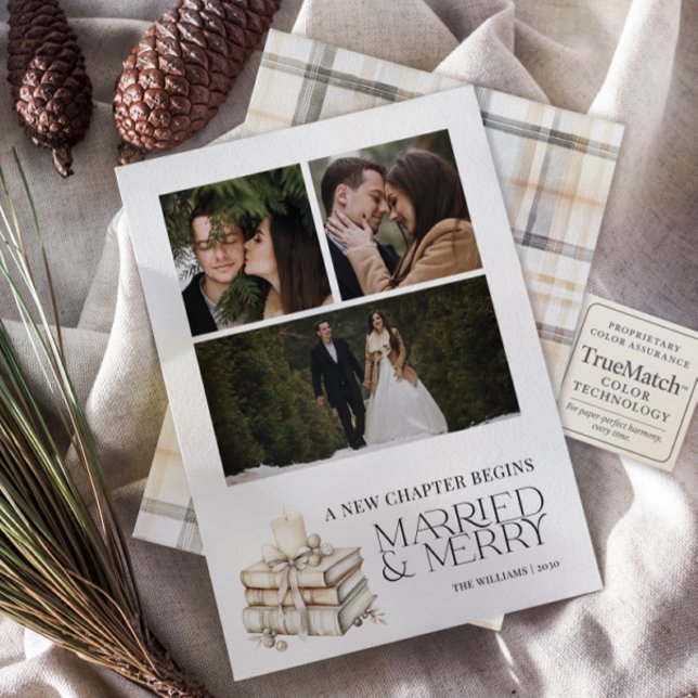 New Chapter Married & Merry Beige Newlywed 3 Photo Holiday Card (Creator Uploaded)