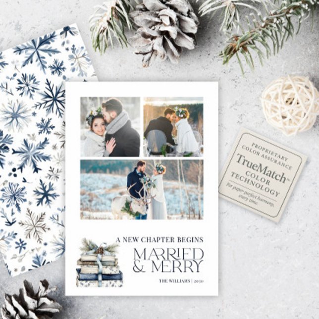 New Chapter Married & Merry Blue Snowflake 3 Photo Holiday Card (Creator Uploaded)