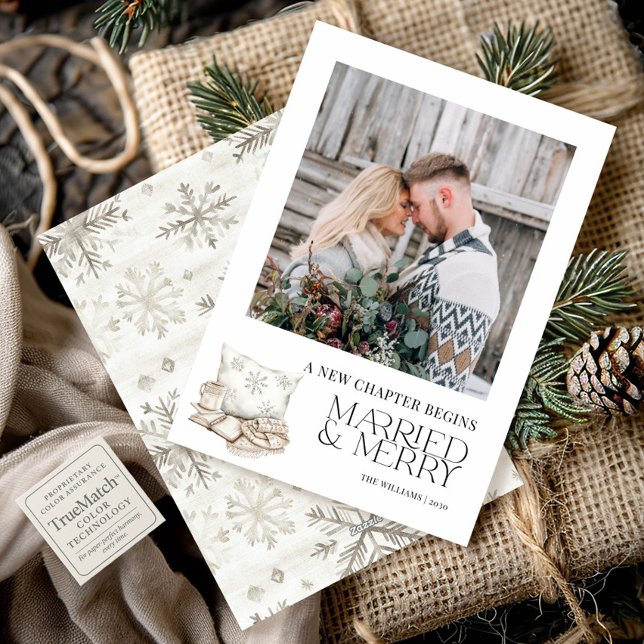 New Chapter Married Merry Neutral Snowflake Photo Holiday Card (Creator Uploaded)