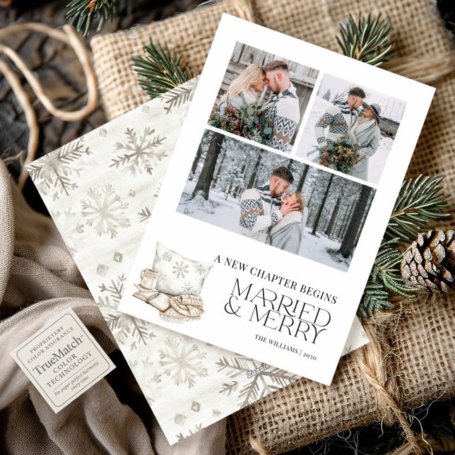 New Chapter Married Merry Winter Snowflake 3 Photo Holiday Card (Creator Uploaded)